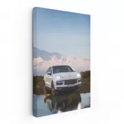 White Porsche Cayenne Coupe with Snowy Mountains - Power & Elegance