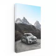 Gray Cadillac with Snowy Mountains - Elegance and Power